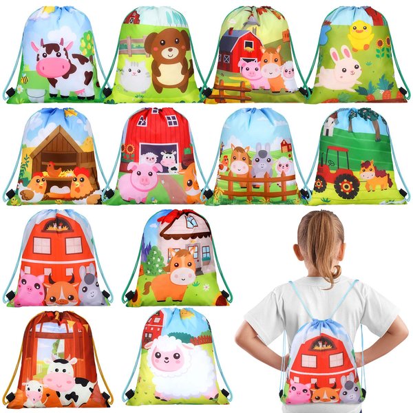 24 Pack Farm Drawstring Bags 12 x 10 Inch Farm Animal Party Favor Gifts Bag Farm Birthday Party Supplies Farm Animal Backpack Drawstring Pouches Wrap Goodie Bags for Kids Girls Boys Travel Decorations