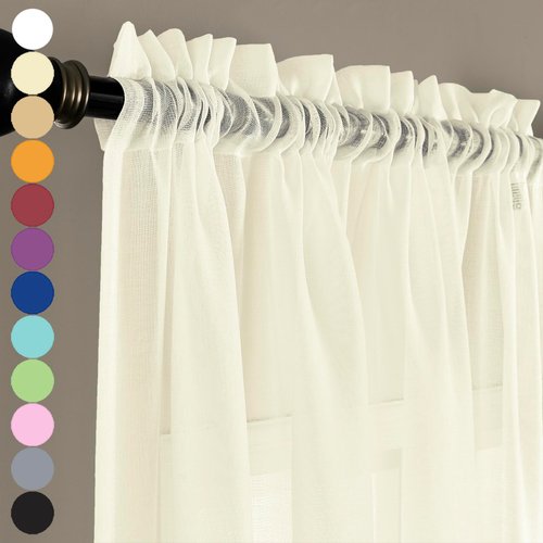 MYSTIC-HOME Sheer Curtains 63 Inch Length, Rod Pocket Voile Drapes for Living Room, Bedroom, Window Treatments Semi Crinkle Curtain Panels for Yard, Patio, Parlor, Set of 2, 52"x 63", Beige