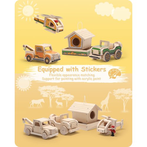 SainSmart Jr. Woodworking Building Kit, 4-in-1 Kids STEM Projects Set, DIY Wood Crafts Assembly Toys with Different Combinations for Boys and Girls