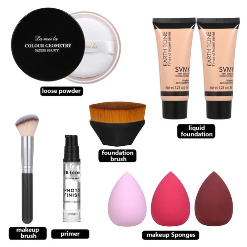 Foundation Liquid Full Coverage Matte Oil Control Concealer with Face Primer & Makeup Brush & Makeup Sponges
