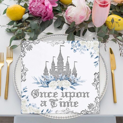Fitumiw 80Pcs Once Upon a Time Paper Napkins Fairytale Princess Disposable Napkins for Girl's Birthday Castle Printed Decorative Napkins for Party Supplies Table Decor (Blue and Silver)