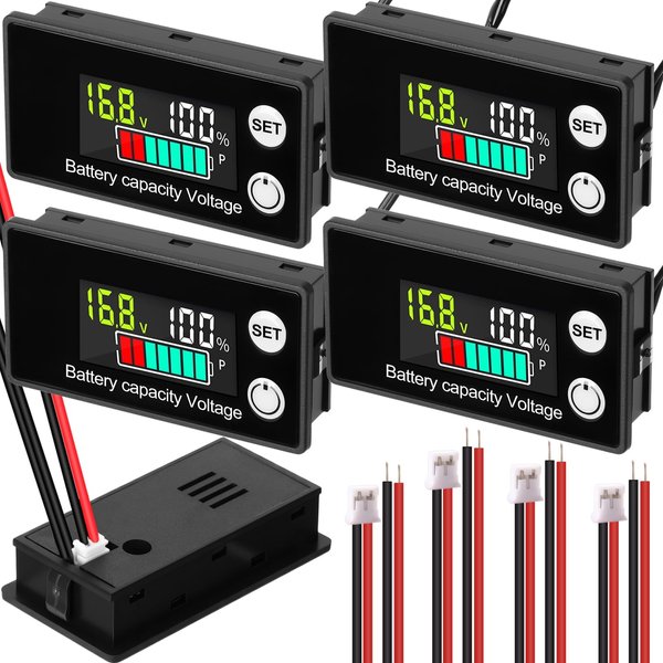 Kingdder 4 Pack Digital Battery Monitor for Golf Cart 8-100v, 12v 24v 36v 48v 60v 72v, LCD Display with Capacity Alarm & Temperature Sensor for Marine Boat/Car/Motorcycle Lithium Lead Acid Batteries