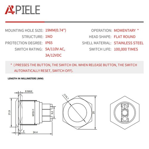 APIELE Push Button Switch 19mm Momentary Waterproof Stainless Steel Metal Flat Top 12V 24V 36 DC 110V 250V AC 5A 1NO SPST Screw Terminal (Pack of 2)