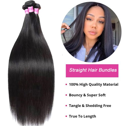 Pinjuoo 3 Bundles Human Hair 26 28 30 Inch Long Brazilian Straight Human Hair Bundles 100% Unprocessed Virgin Raw Hair Bundles Weave Natural Black Bundles Human Hair Extensions for Women