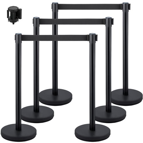 Mophorn 6PCS Stanchion Queue Post, Black 6.5ft Retractable Belt 36In Height, Stanchion Posts Queue Pole for Crowd Control Barriers