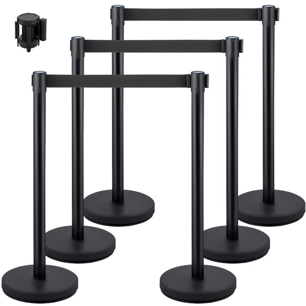 Mophorn 6PCS Stanchion Queue Post, Black 6.5ft Retractable Belt 36In Height, Stanchion Posts Queue Pole for Crowd Control Barriers
