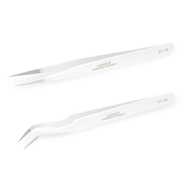 LANKIZ Eyelash Extension Tweezers Stainless Steel Straight and Curved Volume Lash Tweezers Set of 2 for Professional Eyelash Extension Application -White