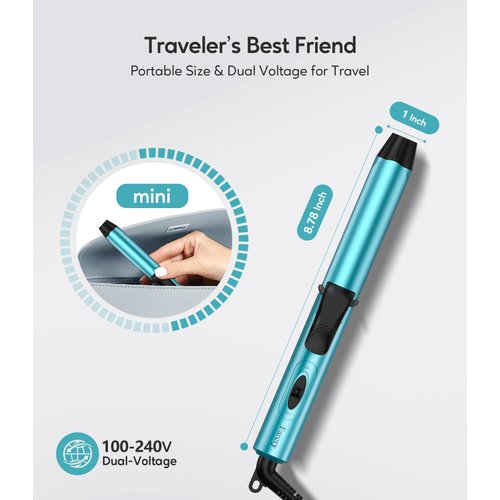 FARERY Travel Size Mini Curling Iron, Dual Voltage 1 Inch Ceramic Mini Hair Curler, Travel Curling Iron for Short Hair Infused with Keratin & Argan Oil, with Storage Bag