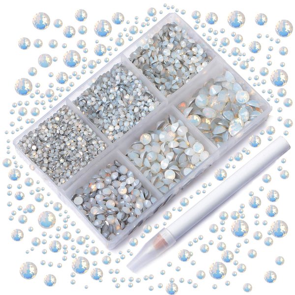 AD Beads 4300 Pieces Flat Back Nail Art Rhinestones Round Beads 6 Sizes (2-6.5mm) with Storage Organizer Box,Rhinestones Picking Pen for Nail Art Phone Decorations Crafts DIY (Opal White)