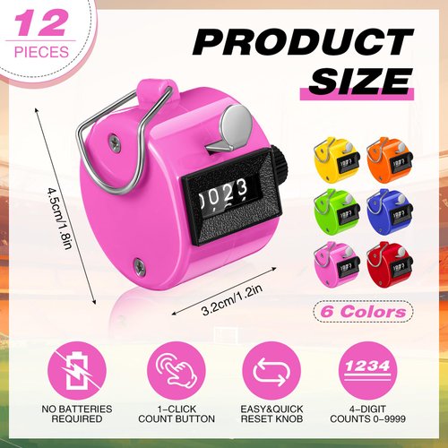 Copkim 12 Pcs Handheld Tally Counter, 4 Digit Number Count Clicker Counter, Metal Pitch Counter Hand Mechanical Counters Clickers for Coaching, Knitting, People, Golf and Row(Bright)