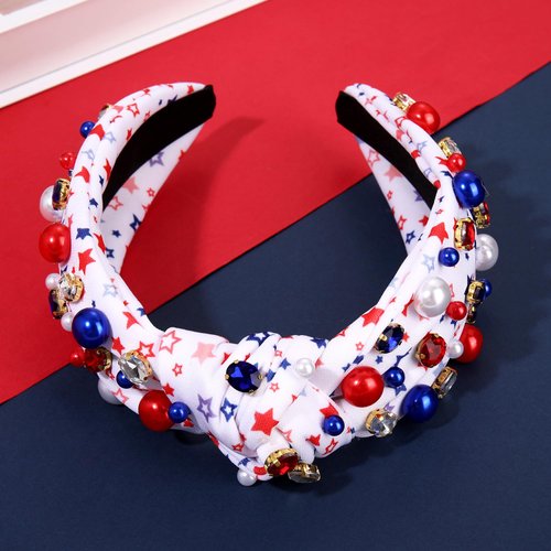mokkia 4th of July Headband for Women American Flag Star Knotted Headbands Red White and Blue Rhinestone Crystal Top Knot Headbands Patriotic 4th of July Accessories Party Favors (American Flag E)