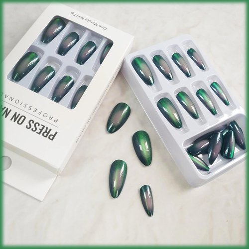 24Pcs Cat Eye Press on Nails with Wrap the Edge Design, Cat Eye Manicure Art Acrylic Medium Almond Full Cover Fake Nails Stick on Nails Glossy Green Cat Eye False Nails Gel Glue on Nails for Women