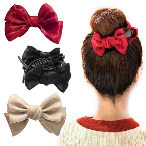 AsggBah 3pcs Hair Claw Clips with Bows for Women Girls Medium Sized Hair Clips for Ponytail Hairball Solid Color Hair Accessories Hair Claw Clips for Thick Thin Hair (Red+Black+champagne）