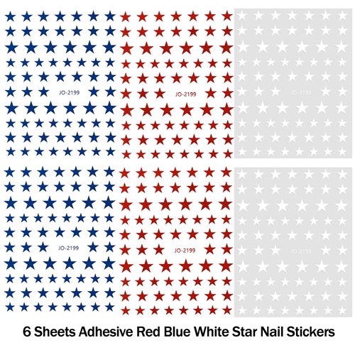 6 Sheets Red Blue White Star Nail Stickers, 3D Self-Adhesive Classic Star Nail Decals for Patriotic Women Nail Decoration