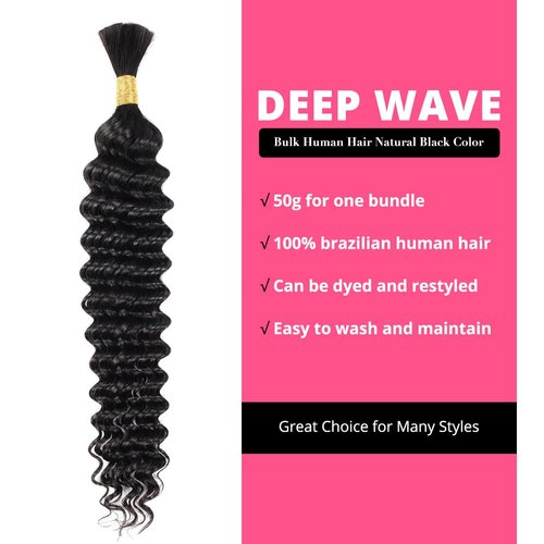 PEEKABOO Deep Wave for Braiding Hair No Weft Brazilian Virgin Human Hair Extensions for One Bundle(1 Bundle 50g) Micro 100% Unprocessed Human Hair 10A Natural Black Human Hair Deep Wavy 18 inch