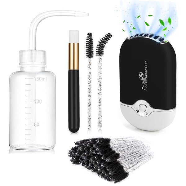 Shmian Cleaning Kit for Eyelash Extension-Mini Portable Lash Fan with 50 Shampoo Brushes, Nose Blackhead Cleanser, and Wash Bottle - for Eyelash Extensions, Black