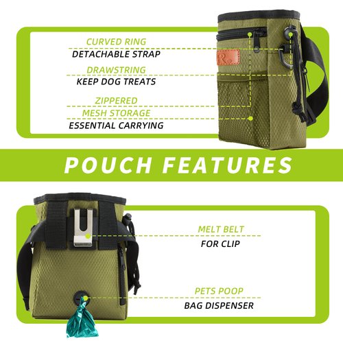 KHPR Dog Treat Training Pouch Easily Carries Pet Toys Kibble, Treats Built-in Poop Bag Dispenser 3 Ways to Wear Comes with a Foldable Silicone Bowl(Army Green)