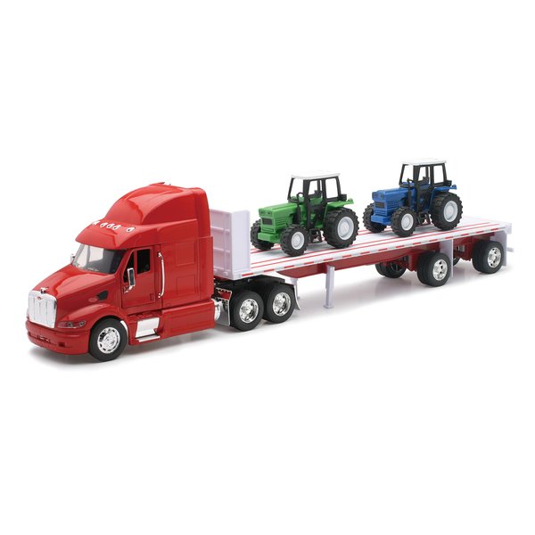 Peterbilt Truck with Flatbed Trailer and 2 Farm Tractors: Diecast and Plastic Model - 1:32 scale