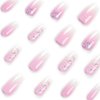 ANDGING Press on Nails Short Medium Coffin Ombre Pink and White Fake Nails with Glitter Butterfly Design Square Glue on Nails for Women Acrylic False Nails with Glue Stick on Nails for Wedding JJO36