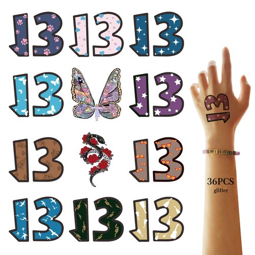 36 Pcs Number 13 Tattoo,13 Hand Tattoo Kits,Glitter13 Temporary Tattoos Stickers for Fans Gifts Concert Accessories