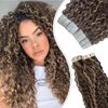 Jerry Curly Tape ins Human Hair Extensions, Blonde Tape in Human Hair Extensions Invisible Glue in Remy Hair Brown to Caramel Blonde Highlights Curly Tape on Real Hair 20 Pieces 50 Gram 22 Inch