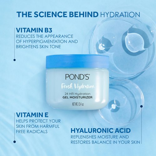 POND'S Hyaluronic Acid, Vitamin E & B3 Gel Face Moisturizer For 24 hour Hydration and Luminous Skin, 3.4 oz