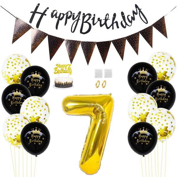Daimay 7th Birthday Party Decorations Gold Black Happy Birthday Latex Confetti Balloons Triangle Flag Banner Number 7 Foil Balloon Cake Topper for Men Women Anniversary Birthday Party Supplies