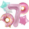 Donut Birthday Decorations, 6 PC Dokuna Donut Balloons 7th Birthday Decorations for Girls, Giant Number 7 Foil Mylar Balloon, 7 Years Old Donut Theme Birthday Party Supplies Decor (Donut-7)