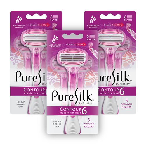 Pure Silk Contour 6 Premium Disposable Razor Value Pack Bundle (3 Packs/9 Total Razors)