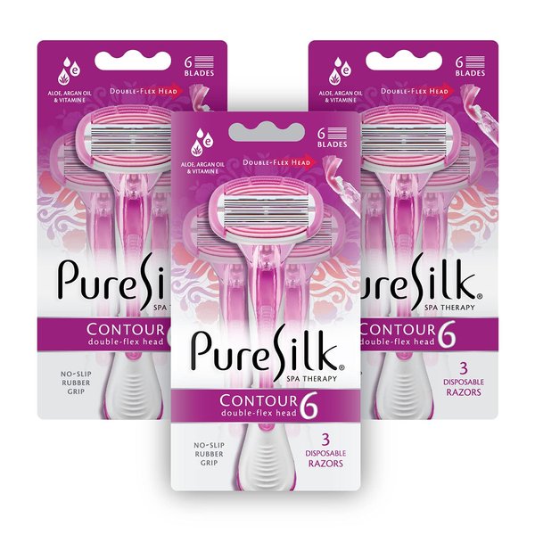 Pure Silk Contour 6 Premium Disposable Razor Value Pack Bundle (3 Packs/9 Total Razors)