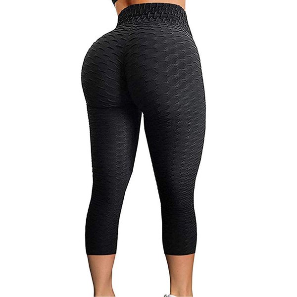 FITTOO Women's Textured Booty Scrunch Capri Leggings Ruched Yoga Pants Butt Lifting Workout Tights Black L