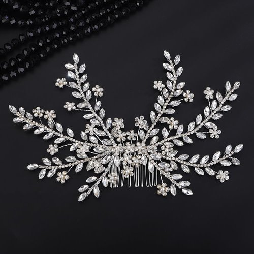 BERYUAN Wedding Crystal Rhinestone Pearls Hair Comb Flowers Rhinestone Pearls Hair Comb Big Silver Rhinestone Comb for Wedding Sparkly Rhinestone Crystal Headpiece for Brides Bridesmaid