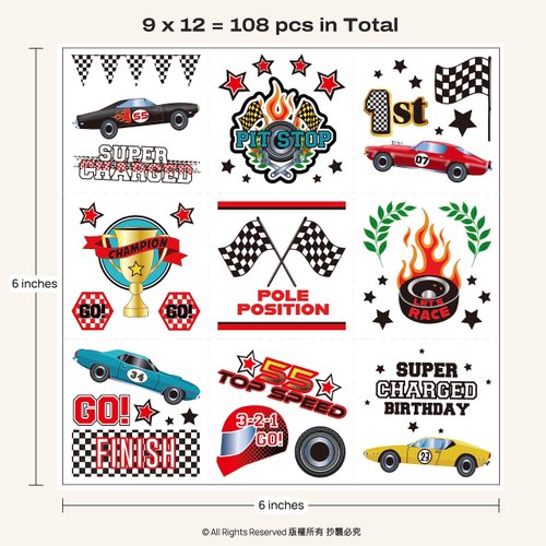 Cheerland Race Car Theme Temporary Tattoo for Boys Birthday Party Celebration Racing Helmet Trophy Finish Line Supplies and Decorations 108 pcs