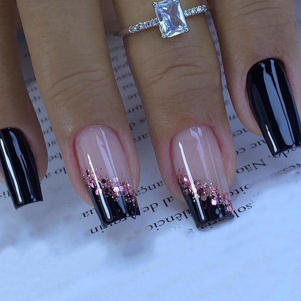 Press on Nails Medium Square Black False Nails Artificial Acrylic Nails Pink Glitter Powder Sequins Design French Fake Nails Full Cover Glossy Reusable Coffin Nails Glue on Nails for Women 24Pcs