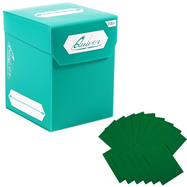 Quiver Time Green Trading Card Deck Box and Sleeves Bundle - 100+ Quiver Deck Block with Double Dividers (Commander MTG Deck Box MTG) + 100 Artemis Green Card Sleeves with Black interior (66 x 93 mm)