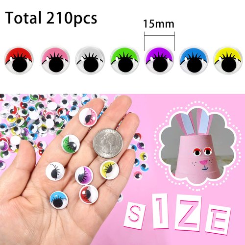 TOAOB 210pcs 15mm Plastic Wiggle Eyes with Eyelashes Googly Eyes Self Adhesive Assorted Colors Craft Stickers Eyes for DIY Arts Scrapbooking Decoration