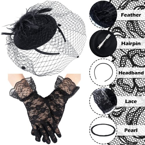 Fascinator Hats for Women Tea Party Hats and Gloves Set Include Mesh Hats Lace Gloves Pearl Necklace Earring for Women Girls (Black, Floral Style)