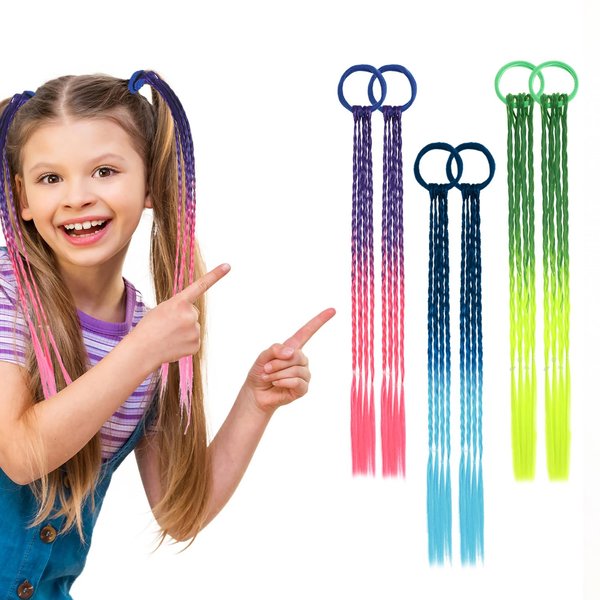 Colored Braids Hair Extensions for Kids,Girls Braided Ponytail Extension,Rubber Bands Hair Extensions,Rainbow Braided Synthetic Hairpieces,Crazy Hair Day Accessories,Cosplay Dress Up,Mardi gras FH-06