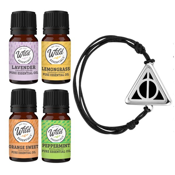 Wild Essentials Potter Hallows Essential Oil Diffuser Bracelet Gift Set with Aromatherapy Pendant, Adjustable Nylon Band, 12 Pads and 100% Pure Oils; Lavender, Lemongrass, Orange and Peppermint