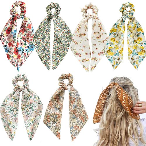 6 Pcs Floral Hair Scarf Scrunchies bowknot floral hair ribbons ties Chiffon Scarf Scrunchies Bow Ties Hand Bands Elastic Ropes Long Tails Scrunchy With Bows