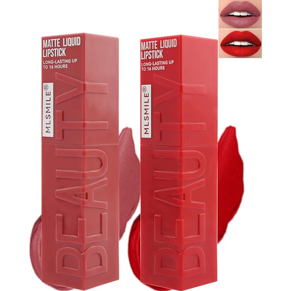 Matte Liquid Lipstick for Women-2Pcs Pink Neutral & Red Highly Pigmented Lip Stain Tint,Super Velvet Matte Lip Gloss, Long Lasting Up to 16H Wear,Waterproof Smudge-proof Non-Stick Cup Lip Makeup-03+05