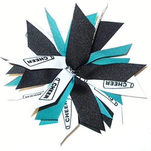 Cheer Pom Hair Bow, Made in the USA, White Pony Band, many colors (Black/Teal)