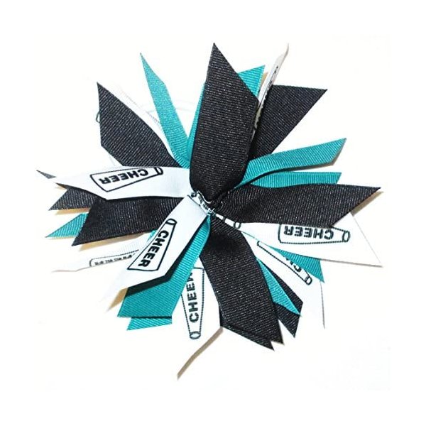 Cheer Pom Hair Bow, Made in the USA, White Pony Band, many colors (Black/Teal)