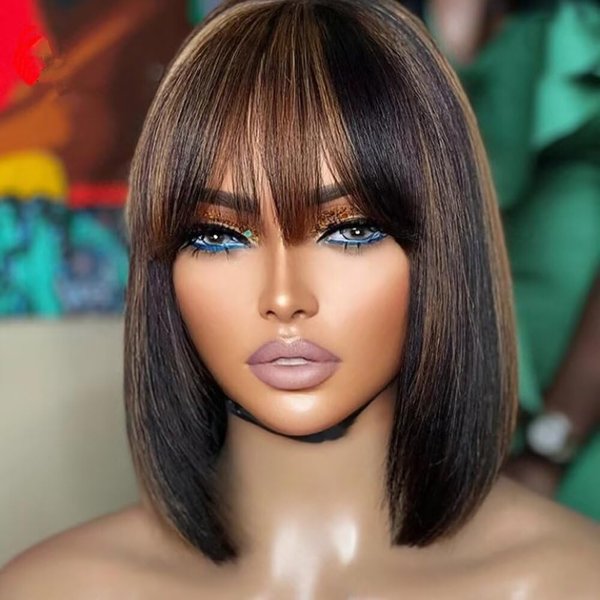 Jnymell Ombre Highlight Short Bob Human Hair Wigs with Bangs Brazilian Highlight 1BT30 Color Straight Bob 13x4 HD Transparent Lace Front Human Hair Wigs 150% Remy Short Bob Straight Hair Wig 10Inch