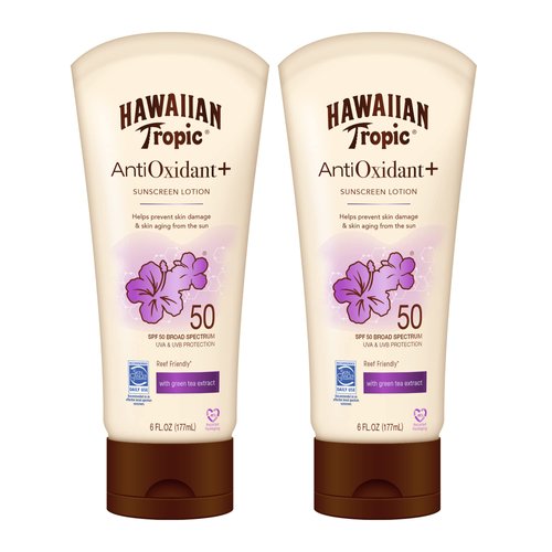 Hawaiian Tropic Skin Defense Sunscreen Lotion SPF 50, 6oz | SPF 50 Sunscreen Lotion with Green Tea Extract, Sunscreen Body Lotion, Oxybenzone Free Sunscreen, 6oz each Twin Pack