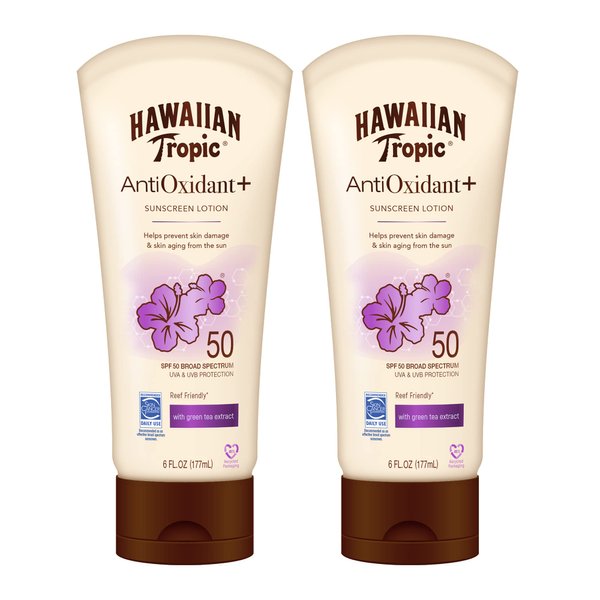 Hawaiian Tropic Skin Defense Sunscreen Lotion SPF 50, 6oz | SPF 50 Sunscreen Lotion with Green Tea Extract, Sunscreen Body Lotion, Oxybenzone Free Sunscreen, 6oz each Twin Pack