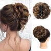 HOOJIH Messy Bun Hair Piece Human Hair, Claw Clip in Hair Bun Extension Short Ponytail Extension Real Human Hair Wavy Curly Updo Hairpieces for Women - Dark Beige Brown with Copper Golden Highlights