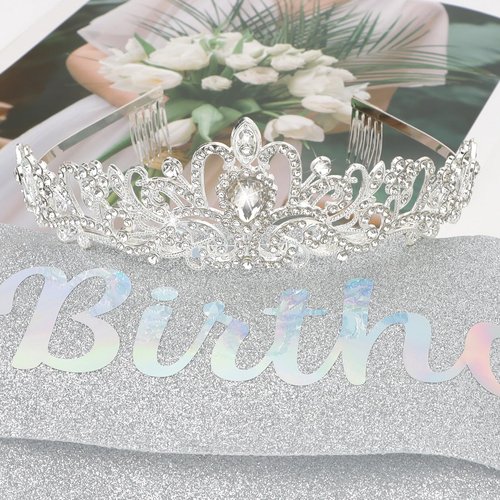 BAHABY Birthday Crown for Women, It's My Birthday Sash & Rhinestone Tiara Set Princess Birthday Sash and Tiara for Women Birthday Decoration Rhinestone Headband for Women Girls- Silver