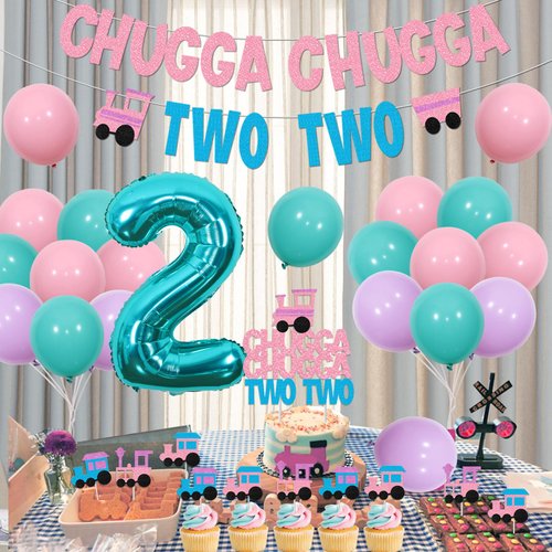 Wonmelody Train Birthday Decors for 2nd Year Old Chugga Chugga Two Two Party Supplies for Girls with Chugga Chugga Two Two Banner Birthday Cupcake Toppers Train 2nd Birthday Party Suppliesfor Girl
