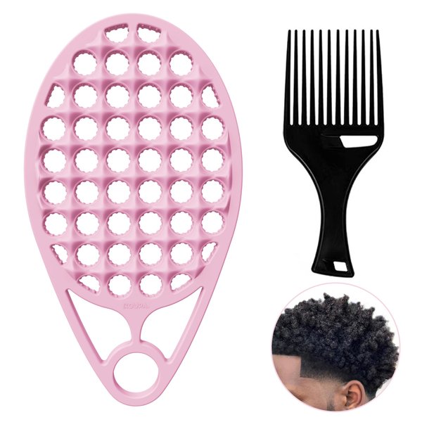 KOUPA Silicone Curly Hair Brush with Pick Comb, One Piece Twist Curl Comb for Afro Curls, Washable Hair Tool for Men Women, Pink